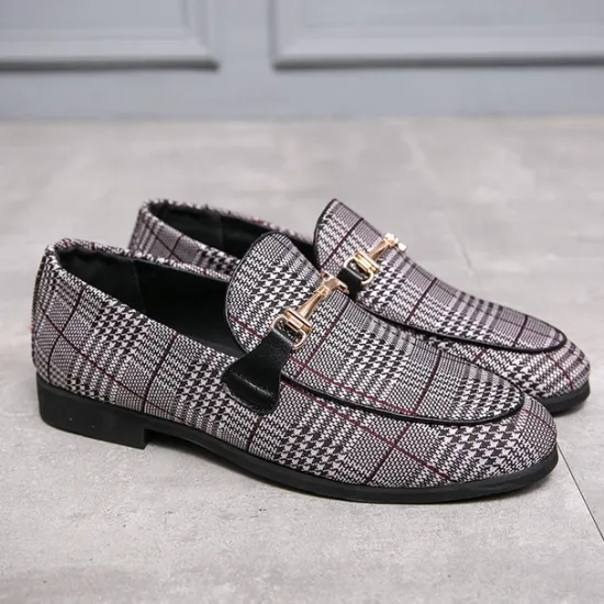 Hot OUKU Men's Plaid Fabric Loafers with Metal Buckle – Stylish Slip-On Shoes for Business, Weddings, and Smart-Casual Outfits