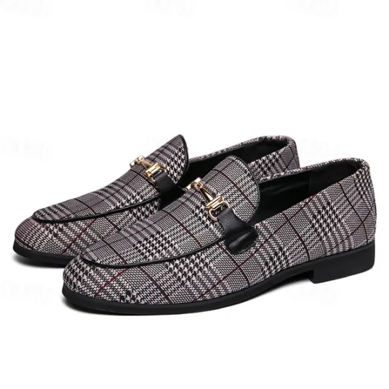 Hot OUKU Men's Plaid Fabric Loafers with Metal Buckle – Stylish Slip-On Shoes for Business, Weddings, and Smart-Casual Outfits