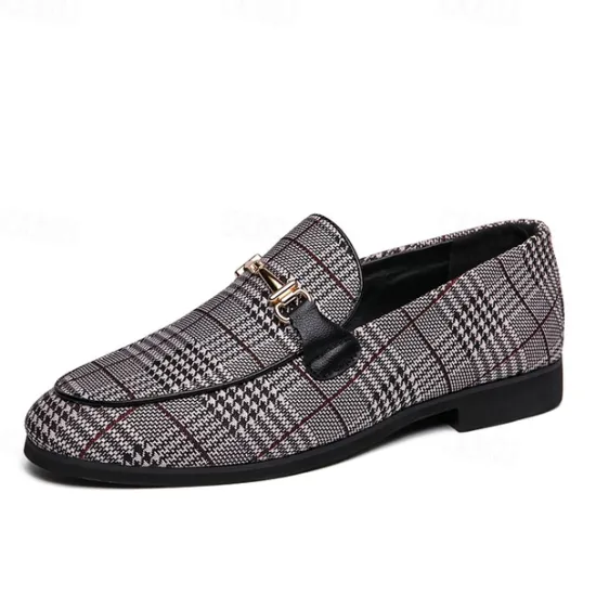 Hot OUKU Men's Plaid Fabric Loafers with Metal Buckle – Stylish Slip-On Shoes for Business, Weddings, and Smart-Casual Outfits