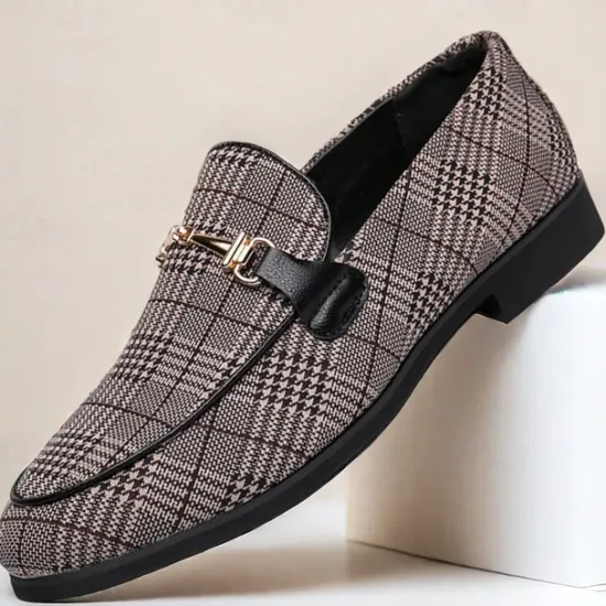 Hot OUKU Men's Plaid Fabric Loafers with Metal Buckle – Stylish Slip-On Shoes for Business, Weddings, and Smart-Casual Outfits