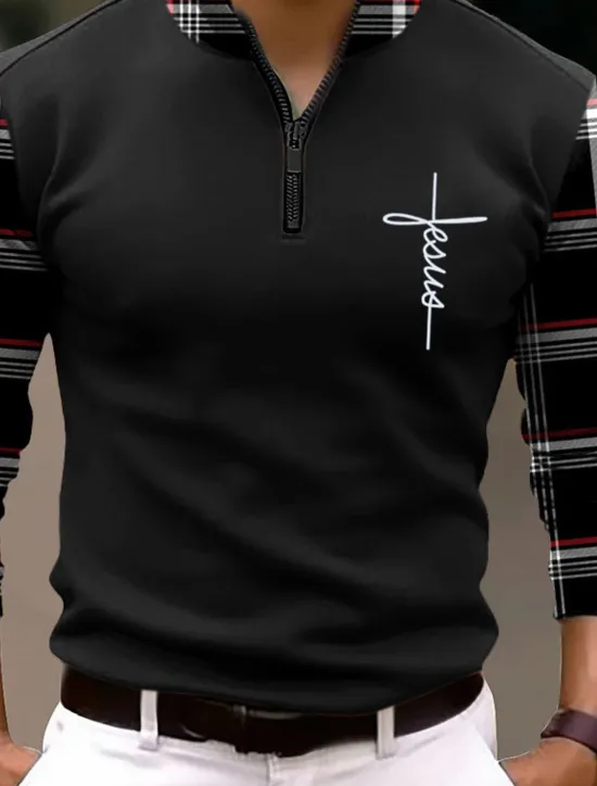 Best OUKU Men's Plaid Faith Zip Polo Golf Polos Shirts Long Sleeve Polo Shirts Zip Vintage Outdoor Casual Daily Streetwear 3D Print Fall & Winter Black White Wine