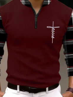 Best OUKU Men's Plaid Faith Zip Polo Golf Polos Shirts Long Sleeve Polo Shirts Zip Vintage Outdoor Casual Daily Streetwear 3D Print Fall & Winter Black White Wine