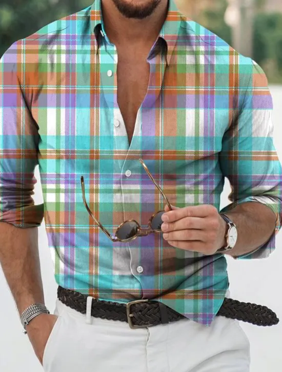 Discount OUKU Men's Plaid Geometric Pattern Shirt Button Up Shirt Long Sleeve Sports Fashion Streetwear Outdoor Casual Daily Fall & Winter Turndown Print Button-Down Yellow Pink Blue Green