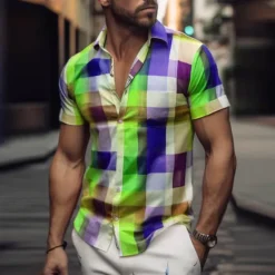 Clearance OUKU Men's Plaid Geometric Pattern Shirt Button Up Shirt Short Sleeve Fashion Streetwear Designer Outdoor Street Daily Summer Spring Turndown Print Yellow Light Green Blue Green
