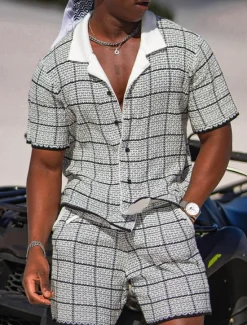 New OUKU Men's Plaid Geometric Pattern 2pcs Shirts Sets Summer Hawaiian Shirt Short Sleeve Short Pants Cuban Collar Fashion Streetwear Designer Outdoor Daily Going out Print Summer Spring Navy Blue Blue Sky