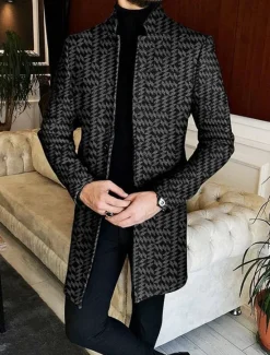 Hot OUKU Men's Plaid Geometry Winter Coat Overcoat Coat Warm Breathable Comfortable Business Casual Work Wear to work Going out Pocket Print Fall & Winter Stand Collar Long Sleeve Black White Gray