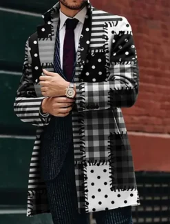 Outlet OUKU Men's Plaid Geometry Winter Coat Overcoat Coat Warm Breathable Comfortable Business Work Wear to work Going out Pocket Print Fall & Winter Turndown Long Sleeve Black Blue Purple