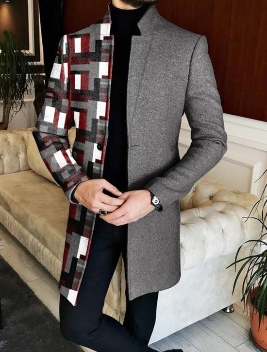 Best OUKU Men's Plaid Geometry Winter Coat Overcoat Coat Warm Breathable Comfortable Fashion Streetwear Business Work Wear to work Going out Pocket Print Fall & Winter Turndown Long Sleeve Blue Purple khaki
