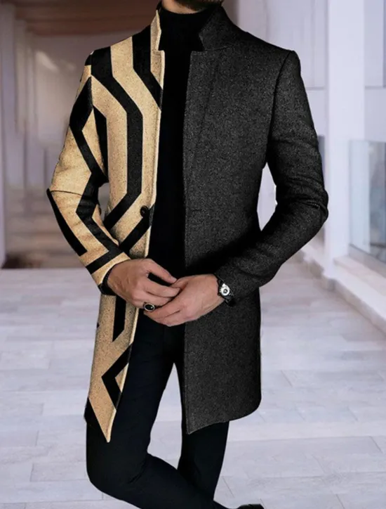 Best OUKU Men's Plaid Geometry Winter Coat Overcoat Coat Warm Breathable Comfortable Fashion Streetwear Business Work Wear to work Going out Pocket Print Fall & Winter Turndown Long Sleeve Blue Purple khaki