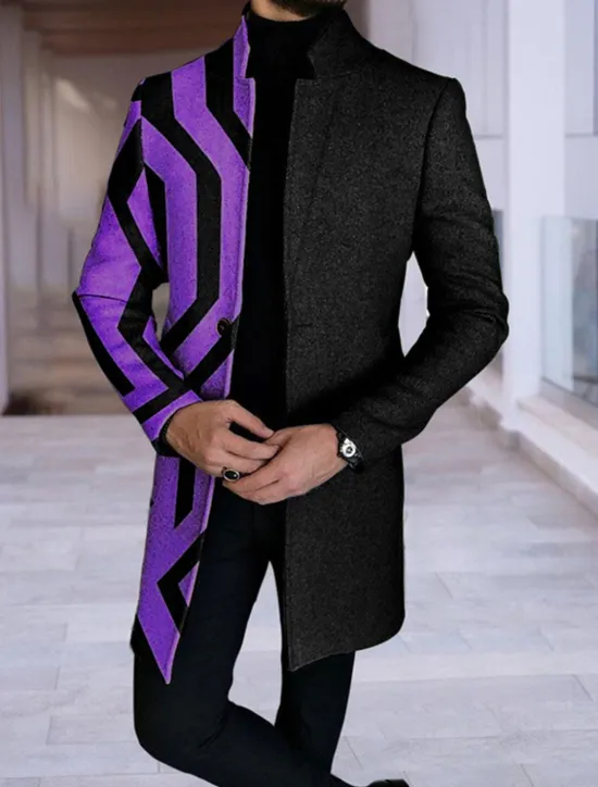 Best OUKU Men's Plaid Geometry Winter Coat Overcoat Coat Warm Breathable Comfortable Fashion Streetwear Business Work Wear to work Going out Pocket Print Fall & Winter Turndown Long Sleeve Blue Purple khaki