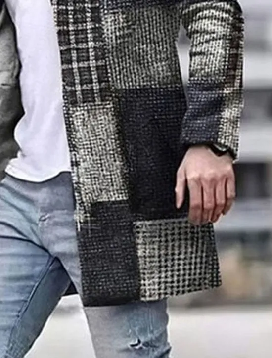 New OUKU Men's Plaid Geometry Winter Coat Overcoat Coat Warm Breathable Comfortable Business Casual Work Wear to work Going out Pocket Print Fall & Winter Stand Collar Long Sleeve Yellow Blue