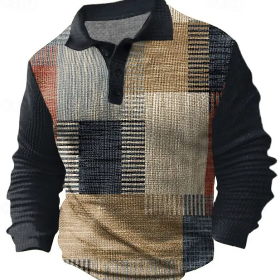 New OUKU Men's Plaid Golf Shirt Long Sleeve Polo Shirts Collared Shirts Vintage Casual Vacation Wear Formal Wear Festival Wear Buttons 3D Print Spring Fall Winter Blue
