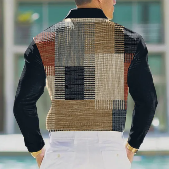 New OUKU Men's Plaid Golf Shirt Long Sleeve Polo Shirts Collared Shirts Vintage Casual Vacation Wear Formal Wear Festival Wear Buttons 3D Print Spring Fall Winter Blue