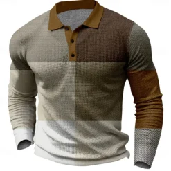 New OUKU Men's Plaid Golf Shirt Long Sleeve Polo Shirts Collared Shirts Vintage Casual Vacation Wear Formal Wear Festival Wear Buttons 3D Print Spring Fall Winter Dark Brown Black White