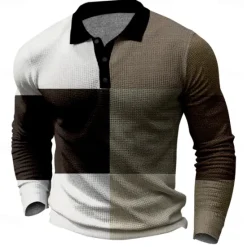 New OUKU Men's Plaid Golf Shirt Long Sleeve Polo Shirts Collared Shirts Vintage Casual Vacation Wear Formal Wear Festival Wear Buttons 3D Print Spring Fall Winter Dark Brown Black White