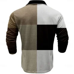 New OUKU Men's Plaid Golf Shirt Long Sleeve Polo Shirts Collared Shirts Vintage Casual Vacation Wear Formal Wear Festival Wear Buttons 3D Print Spring Fall Winter Dark Brown Black White