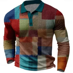 Discount OUKU Men's Plaid Golf Shirt Long Sleeve Polo Shirts Collared Shirts Vintage Casual Vacation Wear Formal Wear Festival Wear Buttons 3D Print Spring Fall Winter Blue
