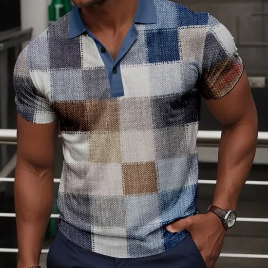 Sale OUKU Men's Plaid Golf Shirt Short Sleeve Polo Shirts Collared Shirts Vintage Casual Vacation Wear Formal Wear Festival Wear Buttons 3D Print Summer Blue Sky Blue Claret-red