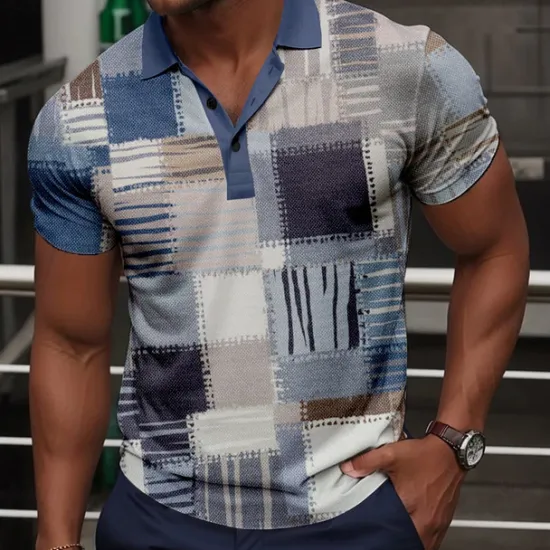 Sale OUKU Men's Plaid Golf Shirt Short Sleeve Polo Shirts Collared Shirts Vintage Casual Vacation Wear Formal Wear Festival Wear Buttons 3D Print Summer Blue Sky Blue Claret-red