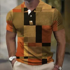 Sale OUKU Men's Plaid Golf Shirt Short Sleeve Polo Shirts Collared Shirts Casual Vacation Wear Formal Wear Festival Wear Buttons 3D Print Summer Spring Brown