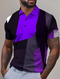 Hot OUKU Men's Plaid Golf Shirt Short Sleeve Polo Shirts Collared Shirts Vintage Casual Vacation Wear Formal Wear Festival Wear Buttons 3D Print Summer Red Blue Purple