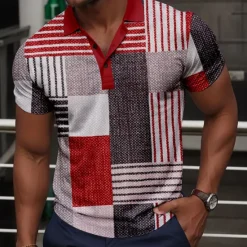 Clearance OUKU Men's Plaid Golf Shirt Short Sleeve Polo Shirts Collared Shirts Vintage Casual Vacation Wear Formal Wear Festival Wear Buttons 3D Print Summer Red Blue Green