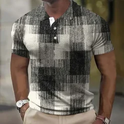 Online OUKU Men's Plaid Golf Shirt Short Sleeve Polo Shirts Collared Shirts Vintage Casual Vacation Wear Formal Wear Festival Wear Buttons 3D Print Summer Spring Black