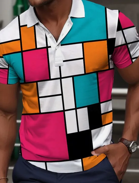 Clearance OUKU Men's Plaid Golf Shirt Short Sleeve Polo Shirts Collared Shirts Vintage Casual Vacation Wear Formal Wear Festival Wear Buttons 3D Print Summer Pink Red Blue