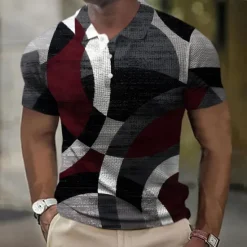 Sale OUKU Men's Plaid Golf Shirt Short Sleeve Polo Shirts Collared Shirts Casual Vacation Wear Formal Wear Festival Wear Buttons 3D Print Summer Spring Gray