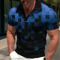 New OUKU Men's Plaid Graphic Prints Geometry Polo Shirt Golf Shirt Short Sleeves Shirt Cuban Collar Outdoor Street Yellow Red Blue Sky Blue Purple Print Clothing Apparel Fashion Designer Casual Breathable