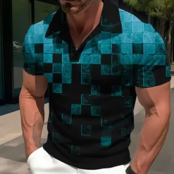 New OUKU Men's Plaid Graphic Prints Geometry Polo Shirt Golf Shirt Short Sleeves Shirt Cuban Collar Outdoor Street Yellow Red Blue Sky Blue Purple Print Clothing Apparel Fashion Designer Casual Breathable