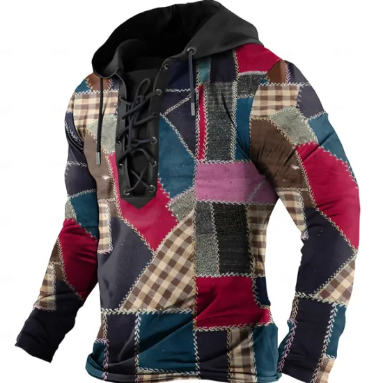 Outlet OUKU Men's Plaid Hoodies Fashion Cool Long Sleeve Hooded Yellow Red Drawstring Fall Winter Designer