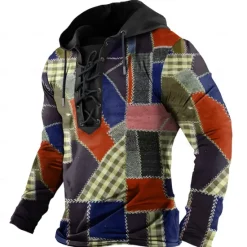 Outlet OUKU Men's Plaid Hoodies Fashion Cool Long Sleeve Hooded Yellow Red Drawstring Fall Winter Designer
