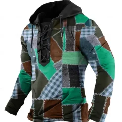 Outlet OUKU Men's Plaid Hoodies Fashion Cool Long Sleeve Hooded Yellow Red Drawstring Fall Winter Designer