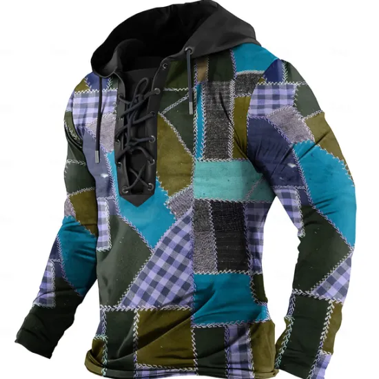Outlet OUKU Men's Plaid Hoodies Fashion Cool Long Sleeve Hooded Yellow Red Drawstring Fall Winter Designer