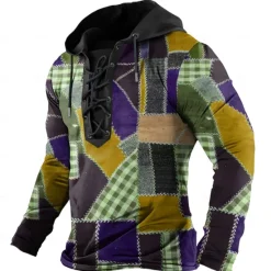 Outlet OUKU Men's Plaid Hoodies Fashion Cool Long Sleeve Hooded Yellow Red Drawstring Fall Winter Designer