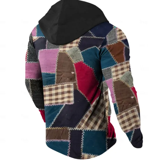 Outlet OUKU Men's Plaid Hoodies Fashion Cool Long Sleeve Hooded Yellow Red Drawstring Fall Winter Designer