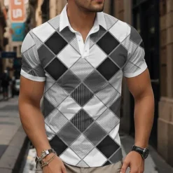 Discount OUKU Men's Plaid Polo Shirts Golf Shirt Short Sleeve Polo Shirts Collared Shirts Vintage Casual Vacation Wear Formal Wear Festival Wear Buttons 3D Print Spring & Summer Blue Green Khaki