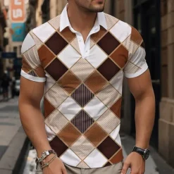Discount OUKU Men's Plaid Polo Shirts Golf Shirt Short Sleeve Polo Shirts Collared Shirts Vintage Casual Vacation Wear Formal Wear Festival Wear Buttons 3D Print Spring & Summer Blue Green Khaki