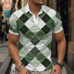 Discount OUKU Men's Plaid Polo Shirts Golf Shirt Short Sleeve Polo Shirts Collared Shirts Vintage Casual Vacation Wear Formal Wear Festival Wear Buttons 3D Print Spring & Summer Blue Green Khaki