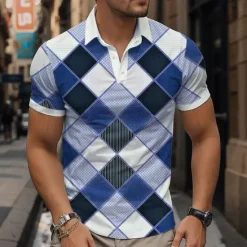 Discount OUKU Men's Plaid Polo Shirts Golf Shirt Short Sleeve Polo Shirts Collared Shirts Vintage Casual Vacation Wear Formal Wear Festival Wear Buttons 3D Print Spring & Summer Blue Green Khaki