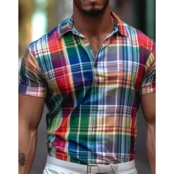 Online OUKU Men's Plaid Polo Shirts Golf Shirt Short Sleeve Polo Shirts Collared Shirts Casual Vacation Wear Formal Wear Festival Wear Buttons 3D Print Yellow Red Green