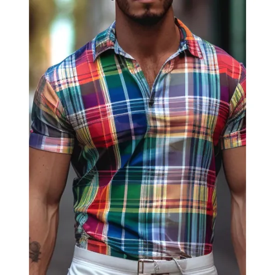 Online OUKU Men's Plaid Polo Shirts Golf Shirt Short Sleeve Polo Shirts Collared Shirts Casual Vacation Wear Formal Wear Festival Wear Buttons 3D Print Yellow Red Green