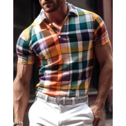 Online OUKU Men's Plaid Polo Shirts Golf Shirt Short Sleeve Polo Shirts Collared Shirts Casual Vacation Wear Formal Wear Festival Wear Buttons 3D Print Yellow Red Green