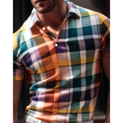 Online OUKU Men's Plaid Polo Shirts Golf Shirt Short Sleeve Polo Shirts Collared Shirts Casual Vacation Wear Formal Wear Festival Wear Buttons 3D Print Yellow Red Green