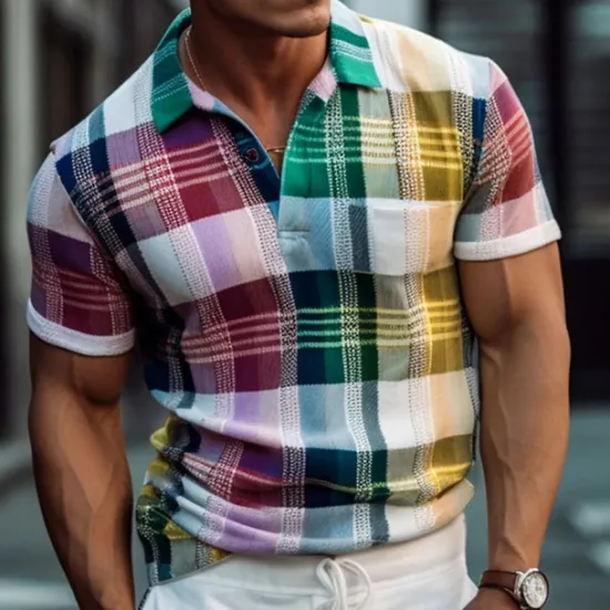 Online OUKU Men's Plaid Polo Shirts Golf Shirt Short Sleeve Polo Shirts Collared Shirts Casual Vacation Wear Formal Wear Festival Wear Buttons 3D Print Yellow Red Green