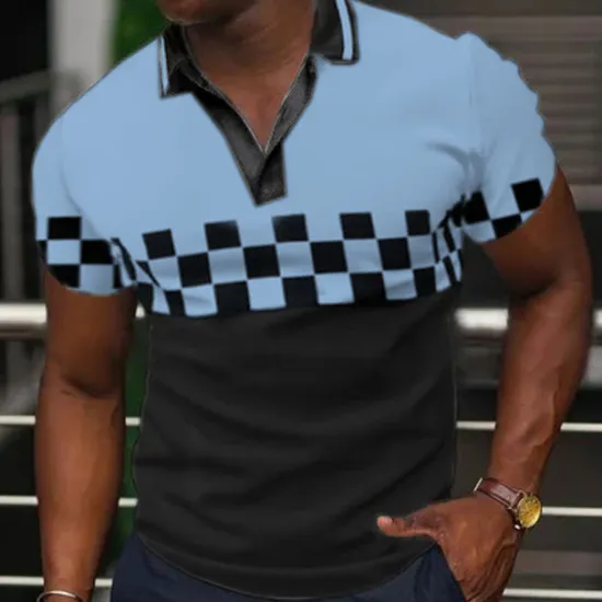New OUKU Men's Plaid Polo Shirts Golf Shirt Short Sleeve Polo Shirts V Neck Casual Vacation Wear Formal Wear Festival Wear 3D Print Black Yellow Blue