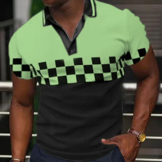 New OUKU Men's Plaid Polo Shirts Golf Shirt Short Sleeve Polo Shirts V Neck Casual Vacation Wear Formal Wear Festival Wear 3D Print Black Yellow Blue