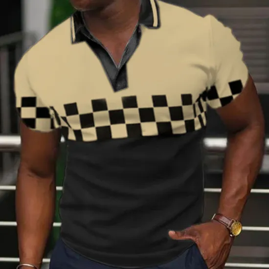 New OUKU Men's Plaid Polo Shirts Golf Shirt Short Sleeve Polo Shirts V Neck Casual Vacation Wear Formal Wear Festival Wear 3D Print Black Yellow Blue