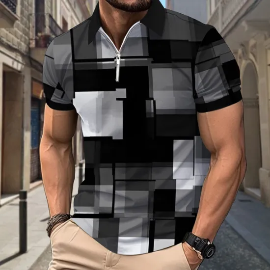 OUKU Men's Plaid Polo Shirts Zip Polo Short Sleeve Polo Shirts Collar Casual Formal Vacation Dailywear 3D Print Summer Spring Black Yellow Red